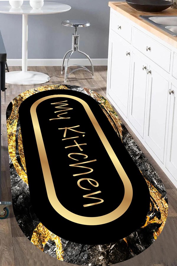 Dijital Baskılı Yıkanabilir Siyah Gold Kitchen Desenli Oval Kaymaz Taban Halı