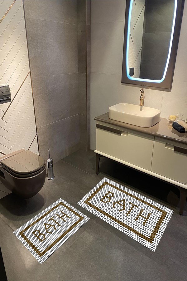 Dijital Baskılı Yıkanabilir Kahverengi Bath Desenli Kaymaz Taban 2'li Banyo Paspas Seti