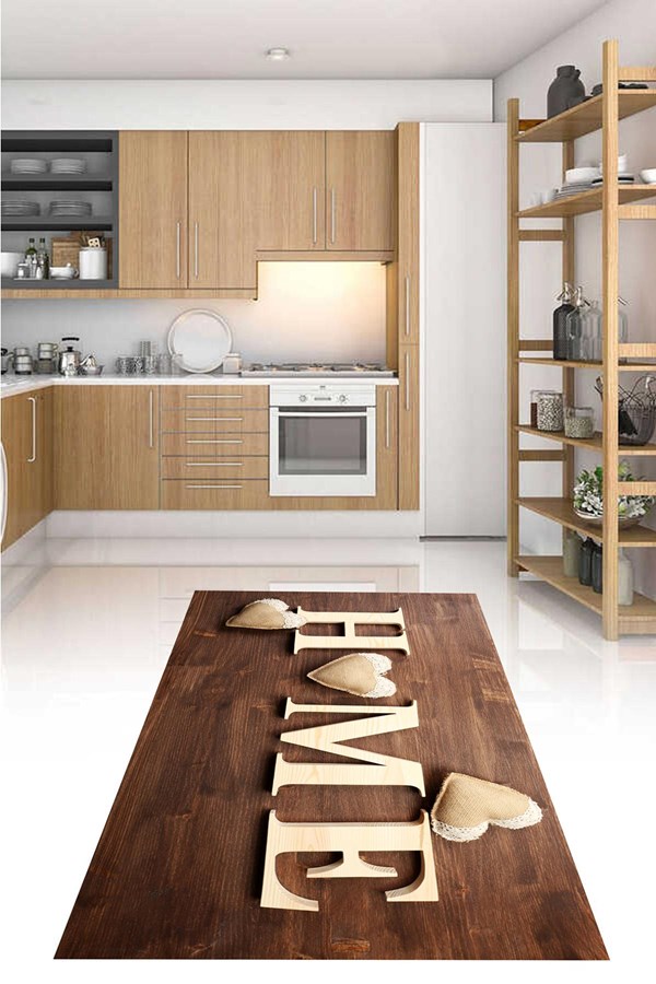 Dijital Baskılı Yıkanabilir Kahverengi Home Desenli Kaymaz Taban Mutfak Halısı