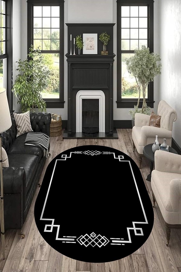 Dijital Baskılı Yıkanabilir Siyah Üçgen Desenli Oval Kaymaz Taban Halı