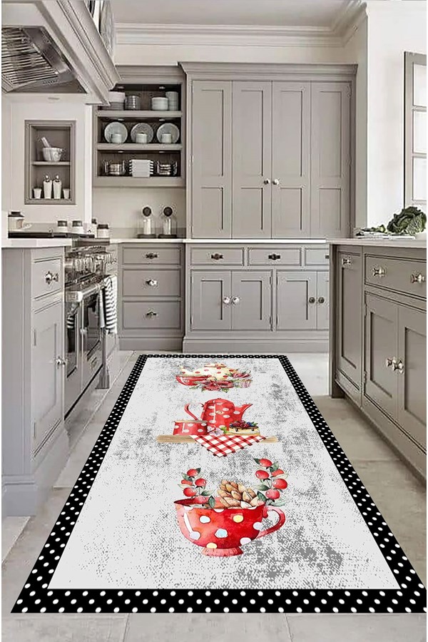 Dijital Baskılı Çaydanlık Desenli Kaymaz Taban Mutfak Halısı