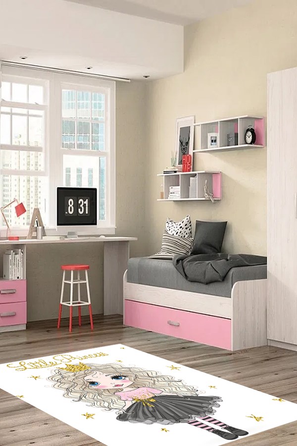 Dijital Baskılı Yıkanabilir Kaymaz Taban Prenses Desenli Kız Çocuk Odası Halısı