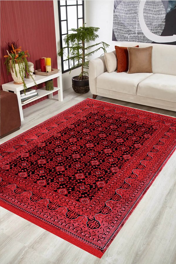 Dijital Baskılı Yıkanabilir Kırmızı Renkli Siyah Desenli Kaymaz Taban Halı