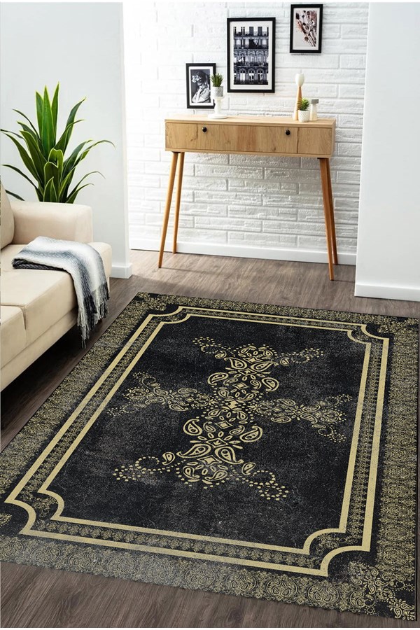 Dijital Baskılı Yıkanabilir Siyah Renkli Gold Klasik Desenli Kaymaz Taban Halı