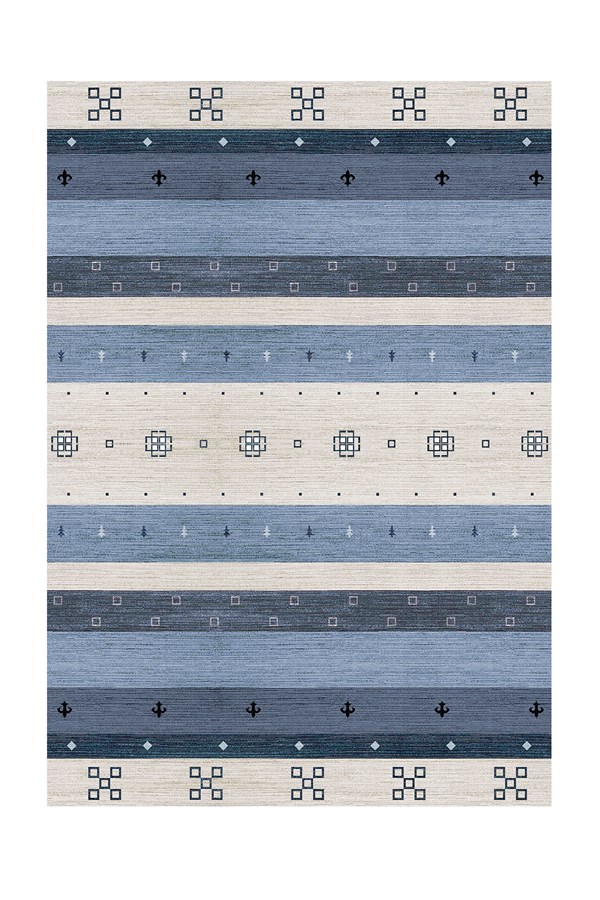 Dijital Baskılı Yıkanabilir Mavi Beyaz Modern Desenli Kaymaz Taban Halı