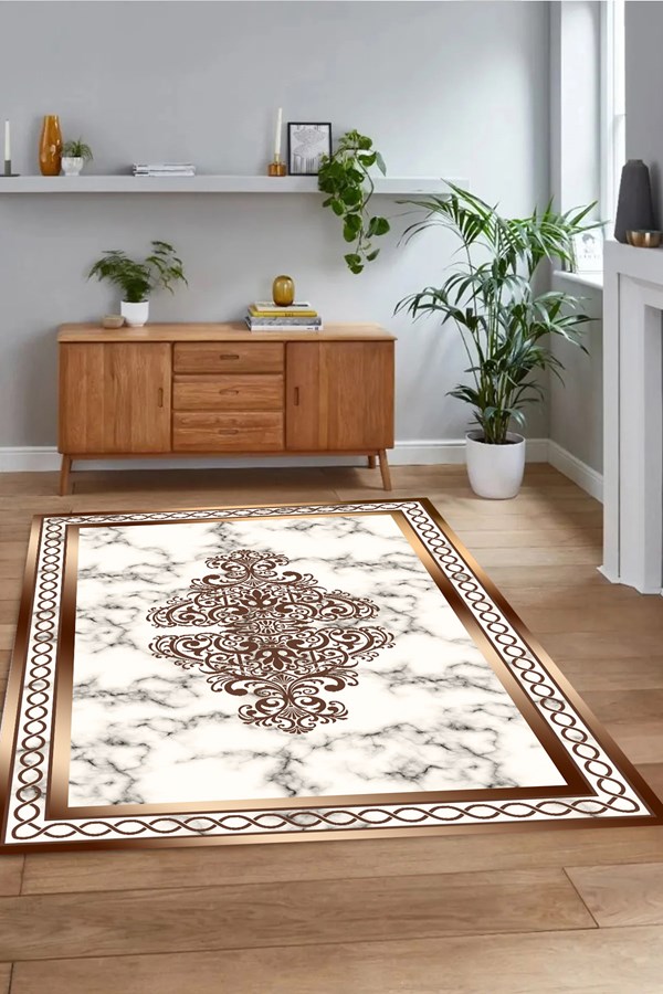 Dijital Baskılı Yıkanabilir Beyaz Gold Mermer Desenli Çerçeveli Kaymaz Taban Halı