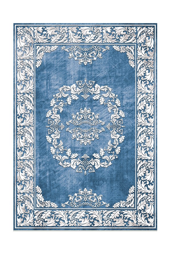 Dijital Baskılı Yıkanabilir Mavi Renkli Beyaz Desenli Kaymaz Taban Halı