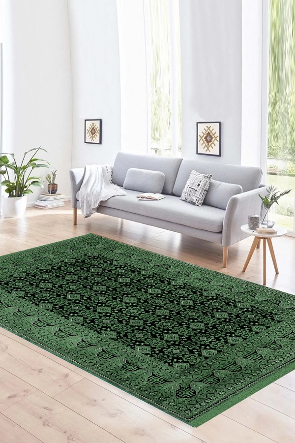Dijital Baskılı Yıkanabilir Yeşil Renkli Siyah Desenli Kaymaz Taban Halı