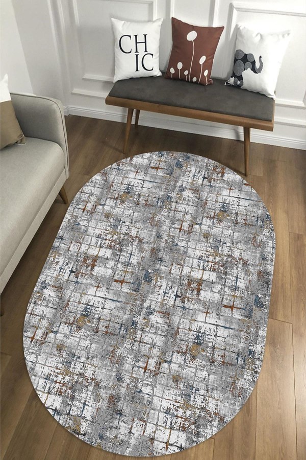 Dijital Baskılı Yıkanabilir Gri Desenli Oval Kaymaz Taban Halı