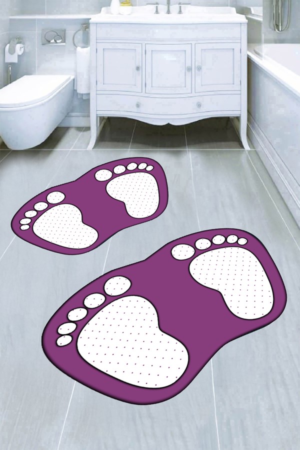 Dekoratif Dijital Baskılı Ayak İzi Desenli Banyo Paspas Takımı