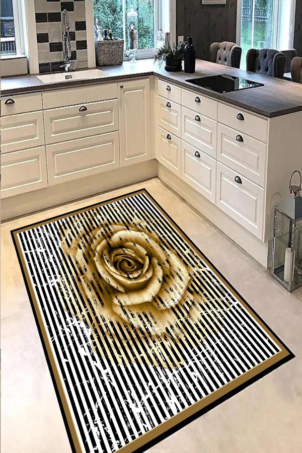 Dijital Baskılı Yıkanabilir Siyah Renkli Gold Gül Desenli Kaymaz Taban Mutfak Halısı