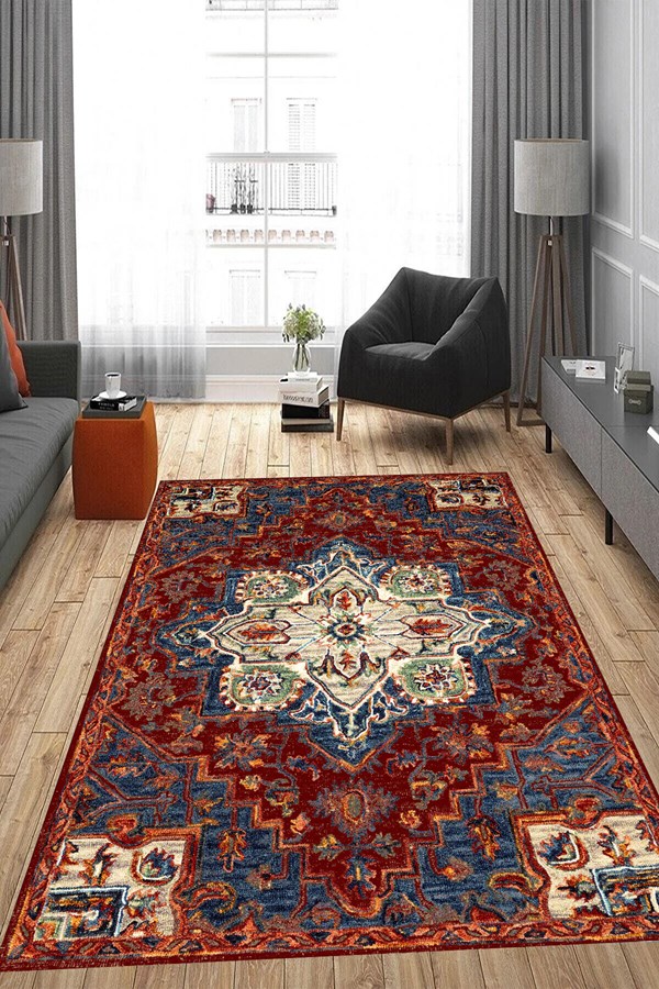 Dijital Baskılı Yıkanabilir bordo Mavi Renkli Vintage Desen Kaymaz Taban Halı