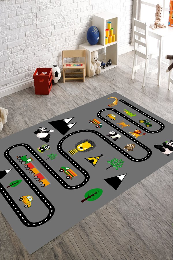 Dijital Baskılı Yıkanabilir Kaymaz Taban Trafik Yollu Desenli Çocuk Odası Halısı