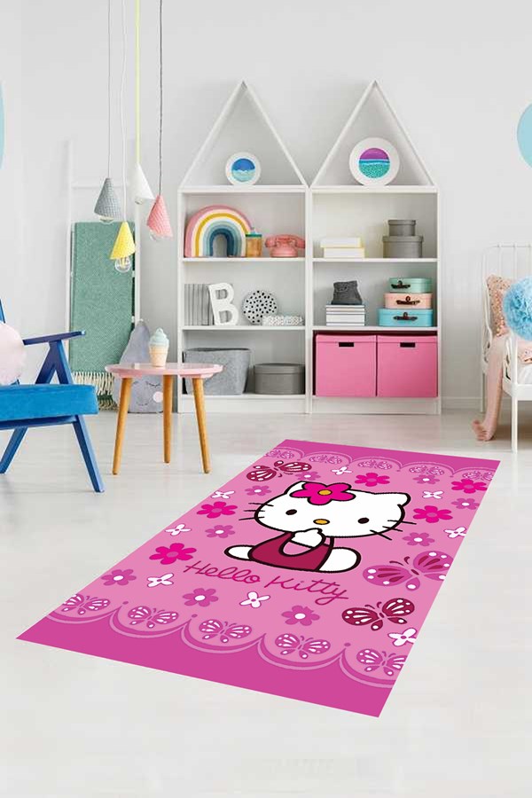 Dijital Baskılı Yıkanabilir Kaymaz Taban Hello Kitty Desenli Çocuk Odası Halısı