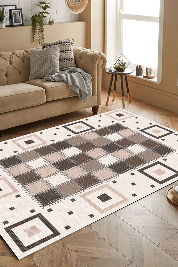 Dijital Baskılı Yıkanabilir Kahverengi Desenli Kaymaz Taban Halı