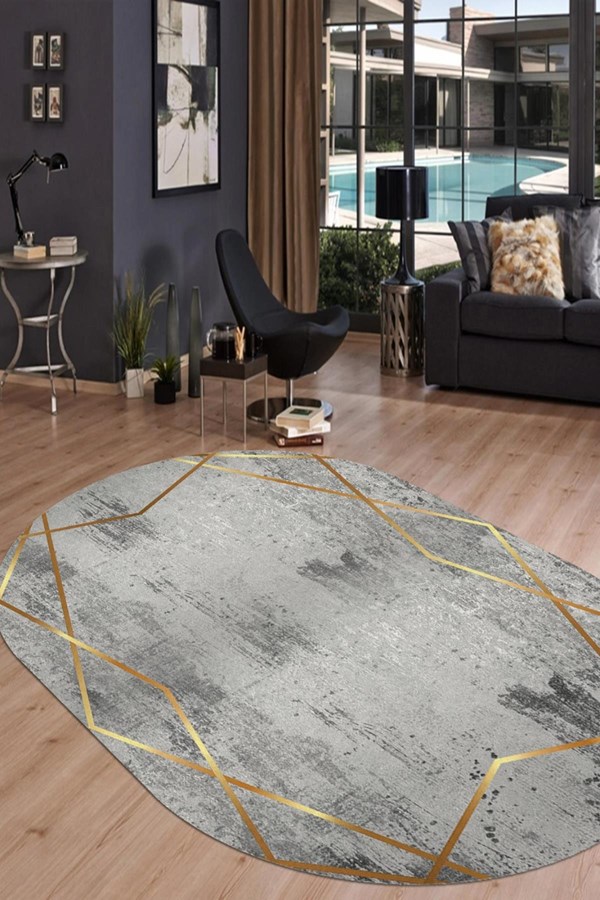 Dijital Baskılı Yıkanabilir Gri Gold Desenli Oval Kaymaz Taban Halı