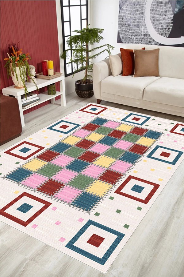 Dijital Baskılı Yıkanabilir Renkli Patchwork Desenli Kaymaz Taban Halı