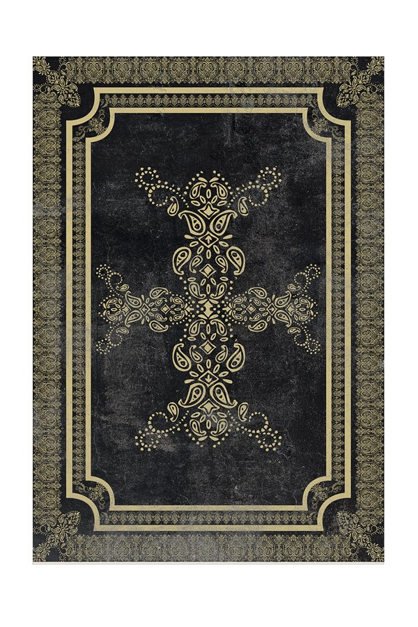 Dijital Baskılı Yıkanabilir Siyah Renkli Gold Klasik Desenli Kaymaz Taban Halı