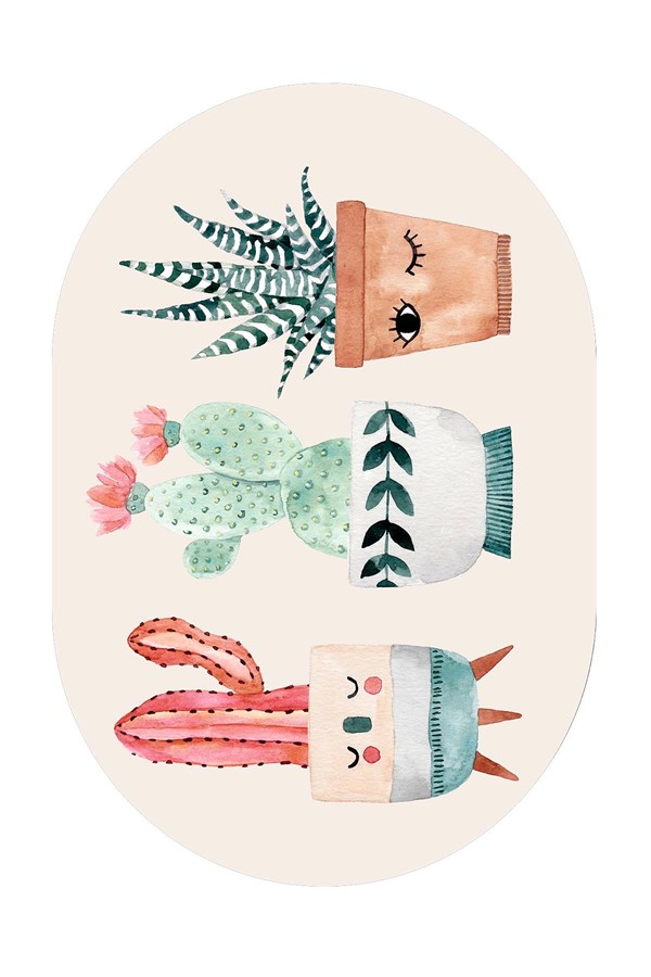 Dijital Baskılı Yıkanabilir Renkli Kaktüs Desenli Oval Kaymaz Taban Halı