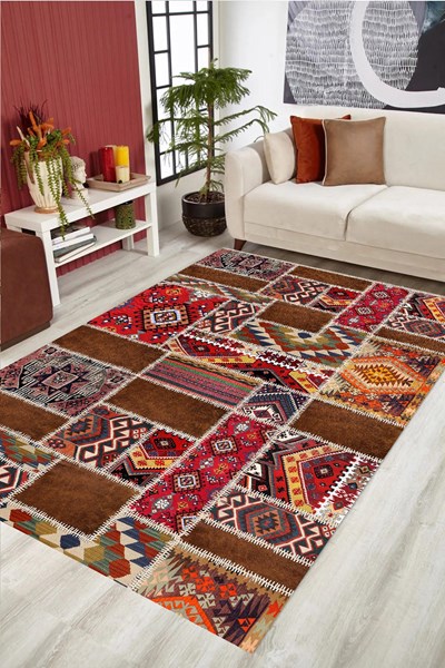 dijital baskılı yıkanabilir kahverengi patchwork desenli kaymaz taban halı, dijital baskılı yıkanabilir kahverengi patchwork desenli kaymaz taban halı