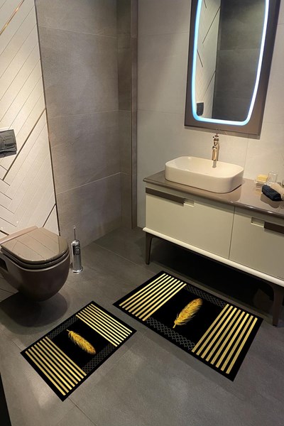 dijital baskılı yıkanabilir siyah gold renkli tüy desenli kaymaz taban 2'li banyo paspas seti, dijital baskılı yıkanabilir siyah gold renkli tüy desenli kaymaz taban 2'li banyo paspas seti