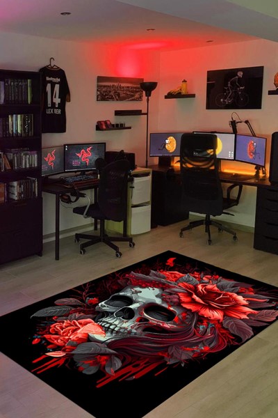 dijital baskı yıkanabilir kurukafa gül desenli gamer halı, kurukafa gül desenli gamer halı