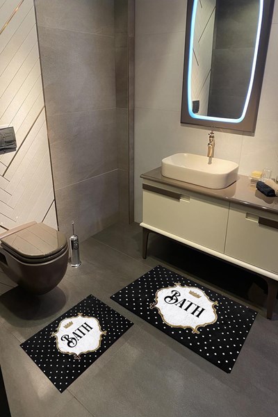 dijital baskılı yıkanabilir siyah beyaz puantiyeli desenli kaymaz taban 2'li banyo paspas seti, dijital baskılı yıkanabilir siyah beyaz puantiyeli desenli kaymaz taban 2'li banyo paspas seti