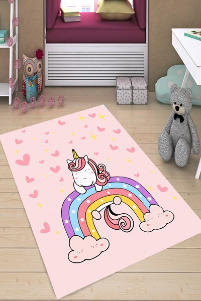 dijital baskılı yıkanabilir kaymaz taban unicorn desenli pembe kız çocuk odası halısı, dijital baskılı yıkanabilir kaymaz taban unicorn desenli pembe kız çocuk odası halısı