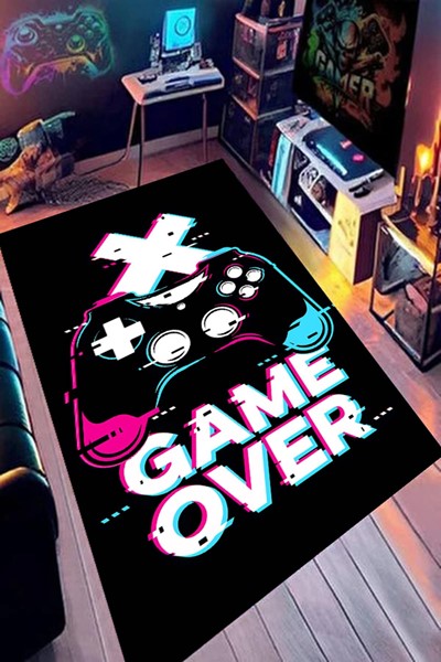 Dijital Baskı Yıkanabilir Game Over Desen Oyuncu Gamer Halı